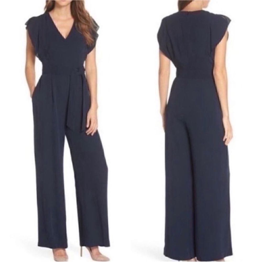 ELIZA J NWT Flutter Sleeve Crepe V Neck Wide Leg
Jumpsuit Navy Size 2 - Picture 2 of 12